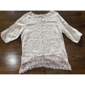 Stella Martini Italian Blush Linen Tunic Elbow Sleeve Blouse Size 1X Lace Hem